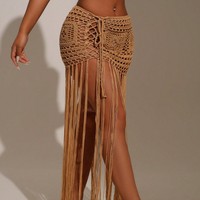 Gehaakte strandrok met kwastjes voor dames, doorschijnend, uitgehold, zomerse bikini-cover-up
