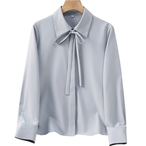 Women's <b>Light</b> Blue Long Sleeve Shirt Solid Color Poplin Office Wear Slim Fit Blouse For <b>Work</b> And Commuting - Product Image 5