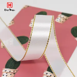 Wholesale And Retail Stocked White Color Satin Ribbons 100% Polyester Glittered Gold Edge Single Face Satin Ribbon Supplier