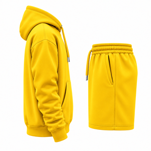 Custom Brand <b>Men's</b> <b>Hoodie</b> & <b>Shorts</b> <b>Set</b> Yellow Cotton French Terry Casual Wear Printed Letter Design Autumn Style - Product Image 2