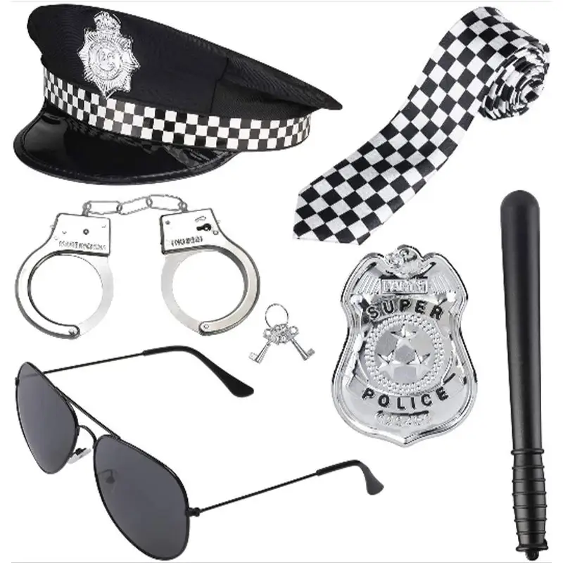 Police Costume Accessories Play Toy Set Cop Costume Policeman Hat Sunglasses Handcuffs for Halloween tie Accessories