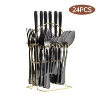 Ensemble de couverts en acier inoxydable arc-en-ciel de 24 pièces, fourchettes, cuillères, couteaux polis miroir irisés avec support suspendu doré