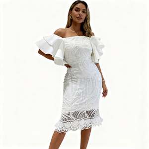 Robe de <span class=keywords><strong>soir</strong></span>ée à manches volantées et asymétrique <span class=keywords><strong>pour</strong></span> femmes, tissu à tricoter blanc uni, été décontracté <span class=keywords><strong>pour</strong></span> dame de bureau - Product Image 1
