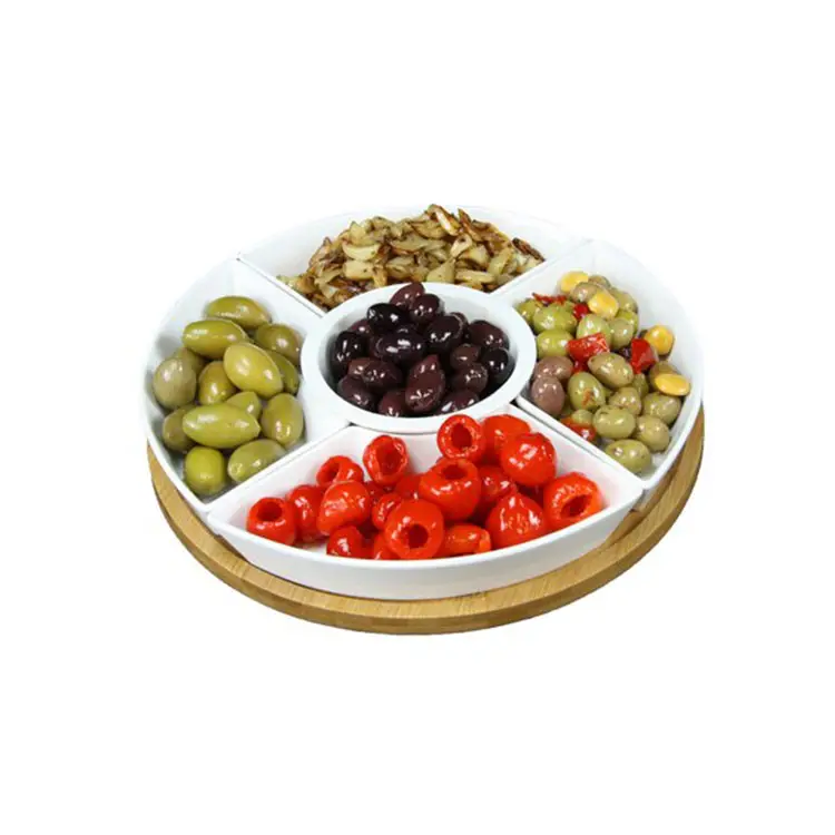 Snack phục vụ khay Platter 5 ngăn thực phẩm đồ ăn nhẹ gia vị Pallet gỗ với gốm Bát