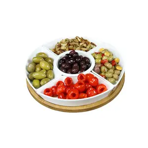 Snack Serving Tray Platter 5 Compartment Food Snacks Condiments Wooden Pallets With Ceramic Bowls