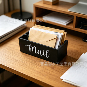 Wooden Mail Organizer Box Black Rectangle Desktop Storage Letter Rack Office <b>Desk</b> Document Holder <b>Solid</b> <b>Wood</b> No Lid Standing - Product Image 4