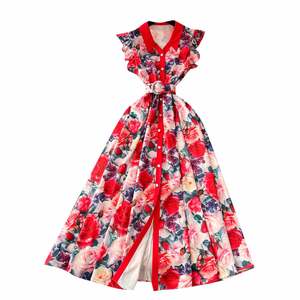 Elegante Vestido Midi Casual con Cuello Camisero, Estampado Digital Ecológico, Encaje, Sin Mangas, Cintura Imperio, Color Amarillo para Mujer - Product Image 5