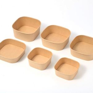 Eco Friendly 100% Biodegradable Kraft Paper Square <b>Bowl</b> Disposable Takeaway Salad Container <b>With</b> <b>Lid</b> for Camping Catering Party - Product Image 3