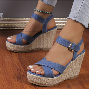 Summer Women's Wedge High Heel Sandals Round Toe Black Cloth Material Platform <b>Open</b> Sandals - Product Image 1