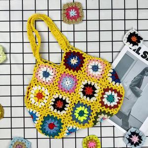 Grand-mère Plaid <span class=keywords><strong>crochet</strong></span> à la main tricoté coton main poignet <span class=keywords><strong>sac</strong></span> décontracté voyage voyage Vintage évider <span class=keywords><strong>sac</strong></span> - Product Image 2