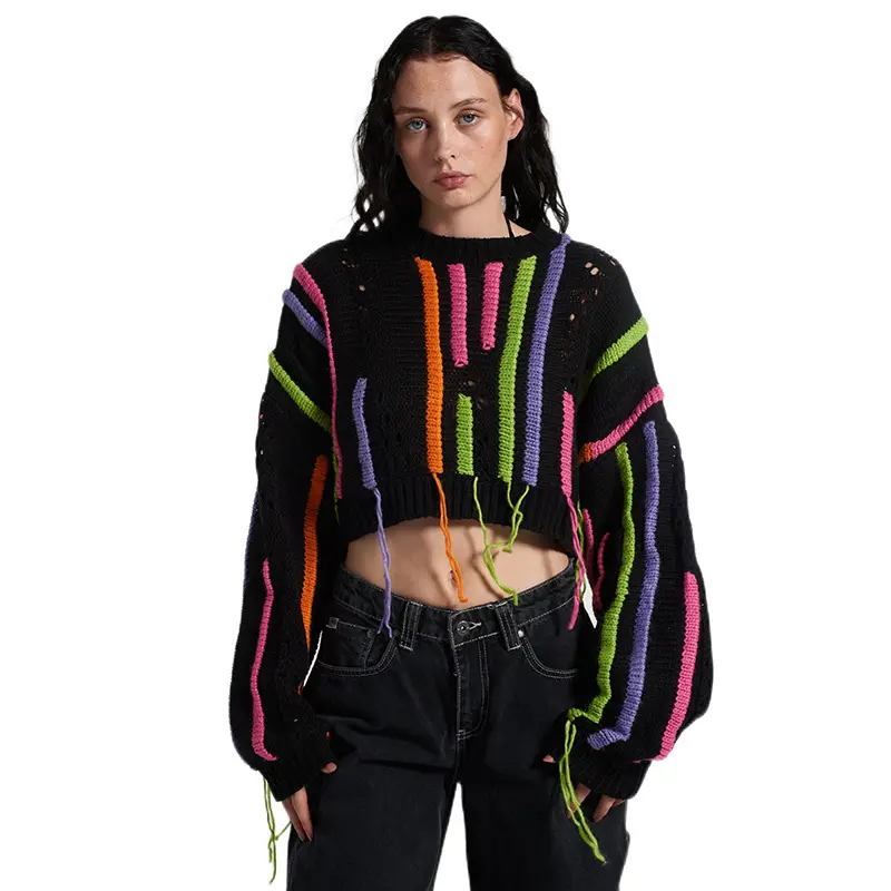 Top Trendy Frauen Winter XS Sweater China Herstellung Streetwear Striped Knit Fringe Sweater