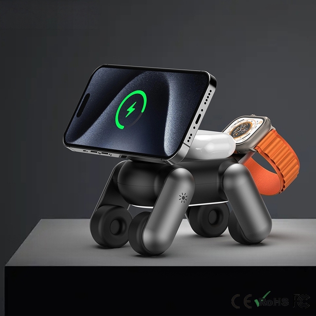 New Robot Dog 3in1 Wireless Charging Station Foldable LED Light Bedside Fast Strong Magnetic Charger Dock Phone Aluminium Alloy