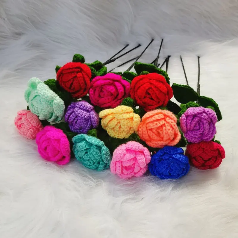 Wholesale Handmade Crocheted Rose Woolen Yarn Crochet Knitting Artificial Flower Home Decor