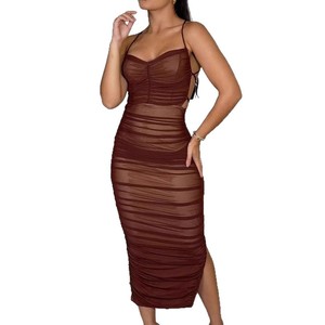 Vestido Midi de mujer, moda de verano, liso, sin mangas, sin espalda, cuello Halter, con cordones, cintura cortada, línea A, vestidos de fiesta ajustados - Product Image 1