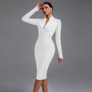 Vestido Elegante de Oficina para Mujer, Cuello en V, Manga Larga, Drapeado, Ajustado, Hasta la Rodilla, Marca Ocstrade, Alta Calidad - Product Image 4