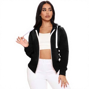 <b>Women's</b> <b>Black</b> Hooded Zip-Up <b>Sweatshirt</b> Cropped Knitted Solid Color Full Sleeve Autumn Streetwear Jacket - Product Image 1