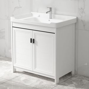 White Bathroom Vanity Cabinet with Ceramic basin 32-34 In Floor Standing Rectangle PVC Plywood - Product Image 1