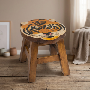 Tabouret en bois rustique sculpté à la main en forme de tête de tigre - Meuble de bureau/d'étude en bois massif, vente en gros depuis l'Inde - Product Image 2