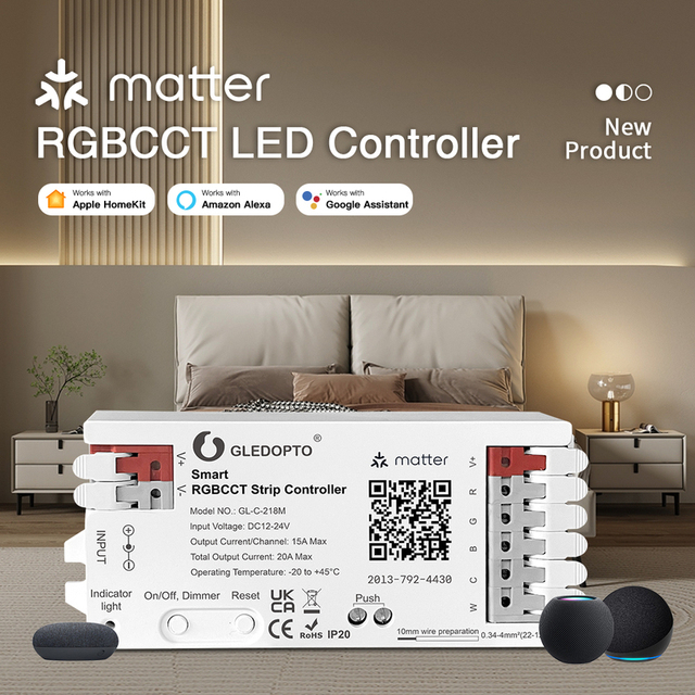 Gledopto GL-C-218M Matter WiFi Smart LED PWM Controller RGB CCT Push Dimming Switch Voice Control 480W 20M Range 2-Year Warranty