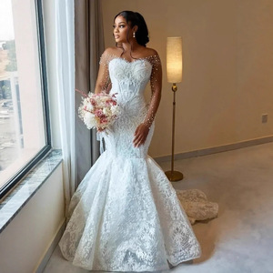 Wedding Dress Mermaid <b>Lace</b> Plus Size Off <b>White</b> Sweetheart Neckline Backless Vintage Style for Women - Product Image 2