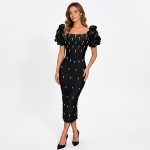 Nuovi Arrivi Autunnali: <span class=keywords><strong>Abito</strong></span> Lungo <span class=keywords><strong>Elegante</strong></span> <span class=keywords><strong>Nero</strong></span> Casual da Sera con Spalle Scoperte e Volant, Vestibilità Regolare - Product Image 1