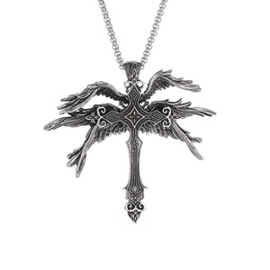 Collana con Pendente Gotico Punk da Uomo, Teschio e Croce Retrò, Gioiello in Lega con <span class=keywords><strong>Ali</strong></span> d'Angelo, Stile Dark Fashion, Collana Statement Vintage, Regalo - Product Image 5