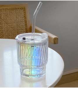 Gobelet en verre martelé nacré 350 ml, portable, avec couvercle hermétique et paille, personnalisable avec logo, cadeau pour femme - Product Image 2