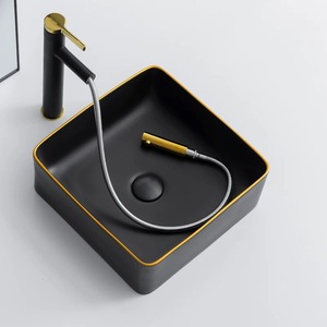 Bathroom Hand <strong>Wash</strong> <strong>Basin</strong> Ceramic Sanitary Ware Countertop Handmade Matt Black With Gold Trim Sinks Vessel For Home Hotel