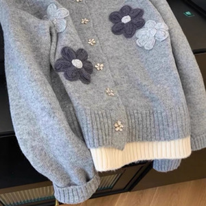 Women's Gray Floral Knitted <b>Cardigan</b> Loose Fit Single Breasted Autumn Winter Korean Style Sweater Top Anti Pilling - Product Image 5