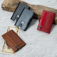 Dompet Kartu Kulit Asli Mewah Khusus Pria dengan RFID, Aluminium, dan Fitur Geser Pop-up, Dilengkapi Kantong Koin Ber-resleting
