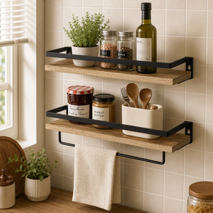 Set di 2 Mensole Marrone Chiaro, Mensole Galleggianti, Scaffali da Parete per Soggiorno/<span class=keywords><strong>Cucina</strong></span>/Camera da Letto, Portasciugamani da Bagno - Product Image 3