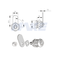 Serrure à came miniature tubulaire en alliage de zinc et laiton MK101BS 10 mm avec 2 clés en acier nickelé, finition chrome brillant pour vitrine