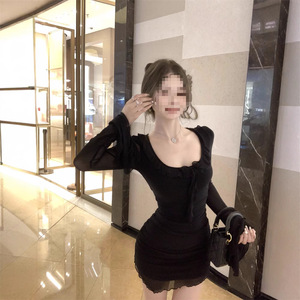 Black Ruffled Round Neck Sheath Dress Slim Fit Mesh Mini Skirt Waist Cinching Hip Hugging Pure Alluring Style - Product Image 4