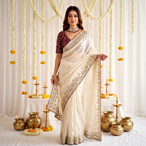 AARA Fashion Elegant Cream Silk Saree Maroon Blouse Traditional Indian Wedding Wear Floor-Length Regular Fit Women's <b>Sari</b> Sun - Product Image 1