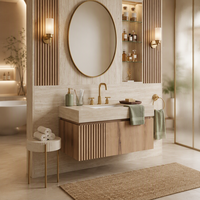 Set Kabinet Kamar Mandi Modern dengan Wastafel Keramik dan Cermin LED, Dilengkapi Penyimpanan Dinding untuk Hotel