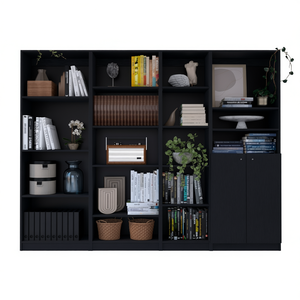 Ensemble de bibliothèque modulaire moderne noir en 4 pièces, meubles de salon en bois, étagère avec dossier, design minimaliste - Product Image 1