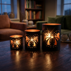 Sonnet Decor Porte-bougies cylindriques en fer noir faits à la main avec découpes de papillons, résistants à la chaleur, décoration d'intérieur, lot de 3 - Product Image 2
