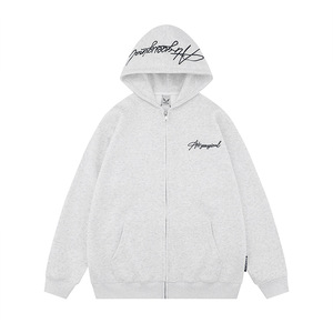 Sweat-shirt unisexe original <span class=keywords><strong>vintage</strong></span> de style américain rétro en coton lourd à capuche avec broderie multi-lignes et fermeture éclair - Product Image 3