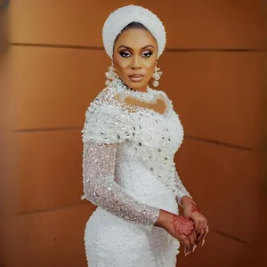 Vestidos de Novia Sirena Talla Grande Aso Ebi, Vestidos de Novia con Cuello Alto, <span class=keywords><strong>Lentejuelas</strong></span>, Encaje y Perlas Decorativas para Bodas Africanas - Product Image 4