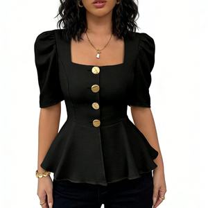 Women's Square Neck Puff Sleeve Peplum <b>Top</b> - Gold Button Fitted Shirt Fashion - Product Image 1