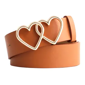 Las mujeres cinturón-suave de cuero doble corazón hebilla Vintage decorativo de apretar ligero cinturón