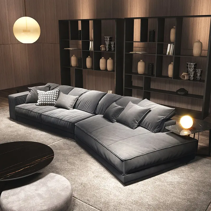 Sofa Italiano Set Desain Furnitur Ruang Tamu Sofa Bentuk L Bagian Kulit Modern Abu-abu