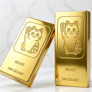 Lingote de Latón de 500 Gramos Chapado en Oro, Maneki Neko, Decoración Feng Shui para el Hogar, Rectangular con Grabado - Product Image 1