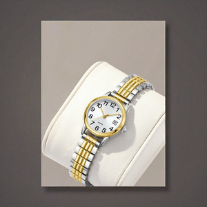 Montre à quartz avec cadran doré, bracelet en acier inoxydable, montre-bracelet pour femme, calendrier, boîtier rond, cadeau - Product Image 2