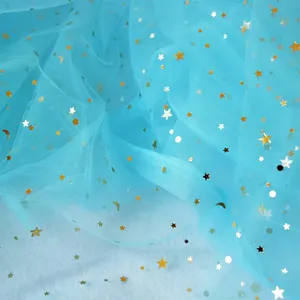 Star And Moon Glitter Metallic Gold Yarn Jacquard Beige Tulle Fabric