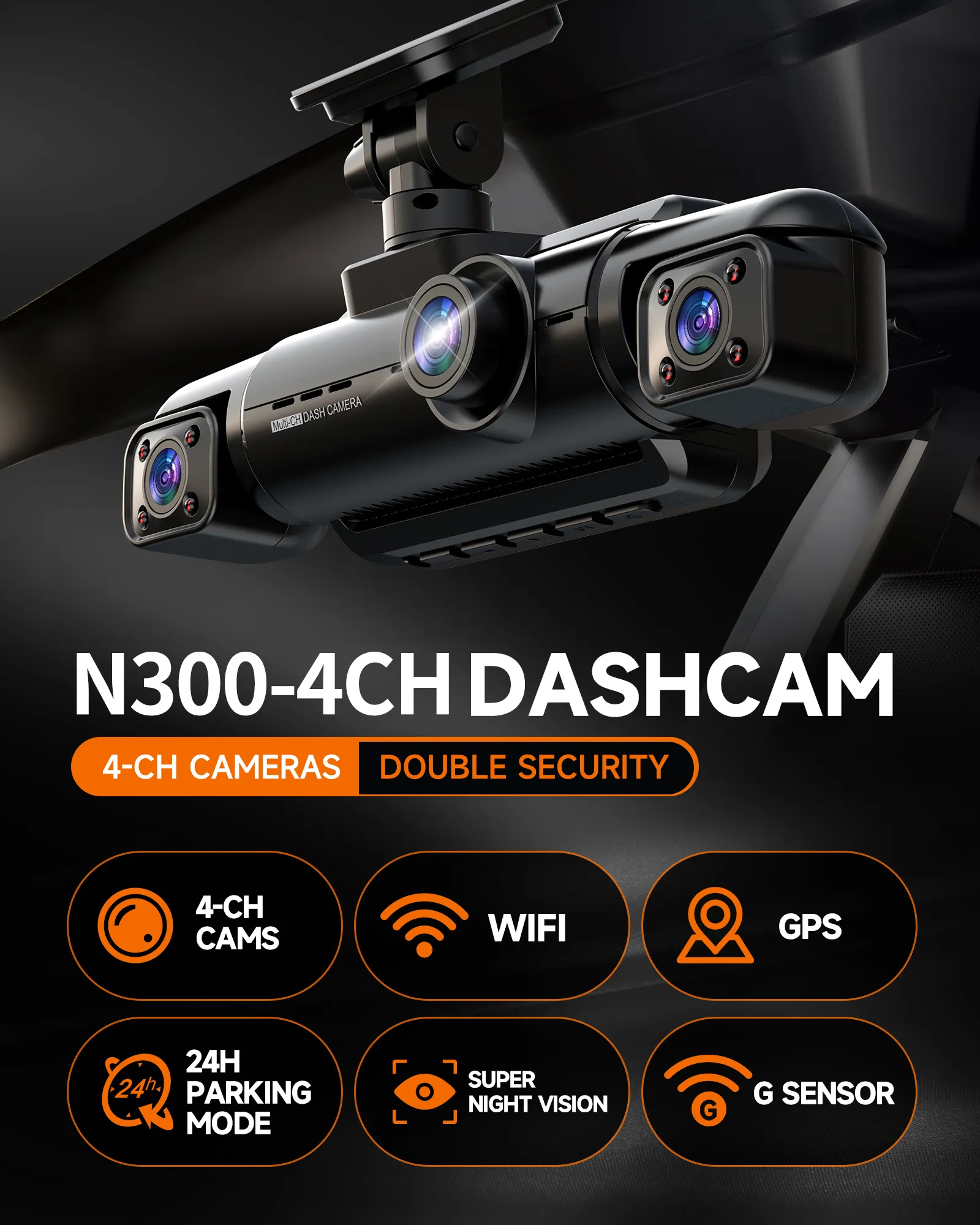 JHK N300 4 Cameras 1080P+1080P+1080P Car DVR Voice Control Built-in WiFi GPS Dash Cam