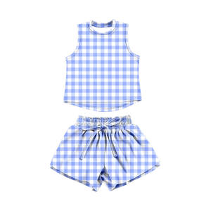 GSSO3476 Ensemble personnalisé pour fille, imprimé à carreaux cyan, tenue de yoga pour enfants, ensemble athlétique d'été à manches courtes pour filles, vente en gros - Product Image 6