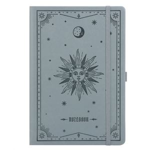 Carnet à couverture rigide avec motif rétro soleil, lune et étoiles, format A6, avec bande élastique, pages intérieures pour notes quotidiennes et journalisation - Product Image 1