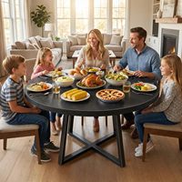Table à manger ronde moderne noire de 47 pouces avec structure en acier en forme de X et plateau en bois grainé, conception en kit pour la cuisine à domicile
