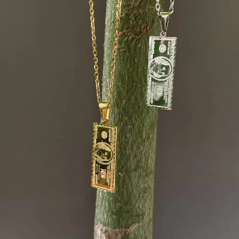 Wholesale Hiphop Mens Punk Jewelry Stainless Steel 18k Gold Plated Inlay Us Dollar Money Sign Pendant Necklace